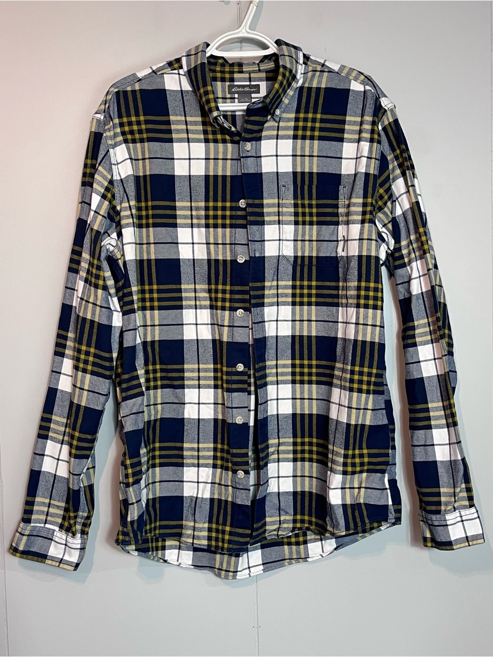Eddie Bauer Men’s Tall L Plaid Flannel Shirt Navy Yellow Gray White Classic Fit